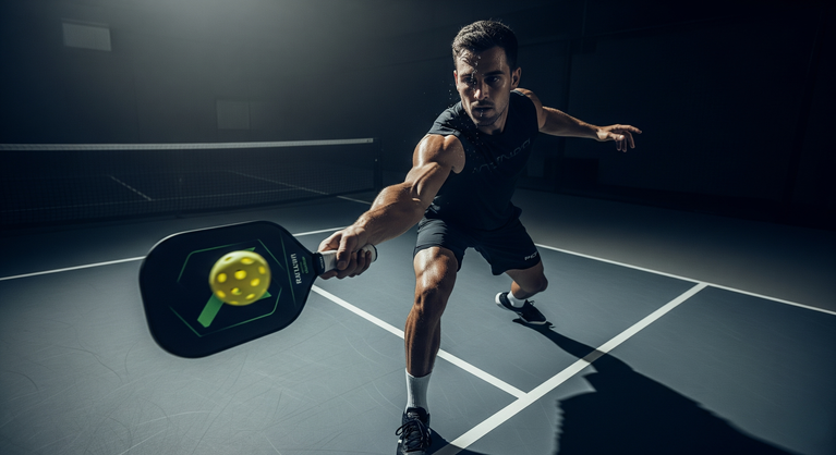 Man playing paddle tennis on a dark indoor court