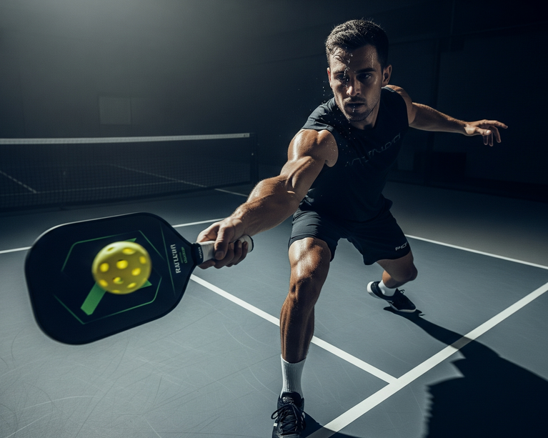 Man playing paddle tennis on a dark indoor court