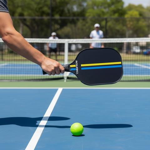 Player holding Rally Stripe paddle on court