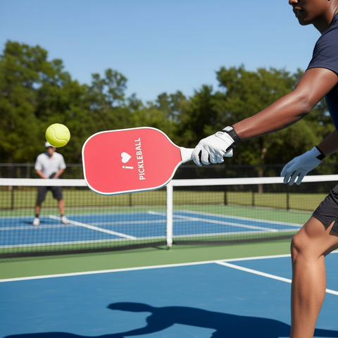 Player holding I Love Pickleball paddle on court
